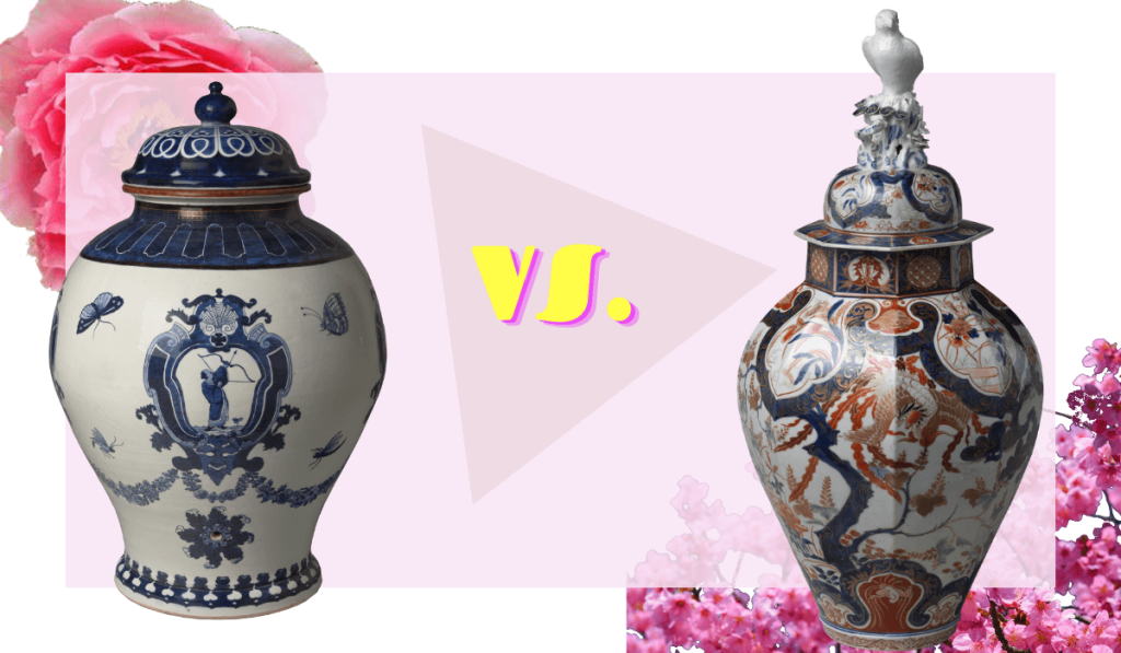 A comparison of a Chinese porcelain vase versus a Japanese Imari vase. 