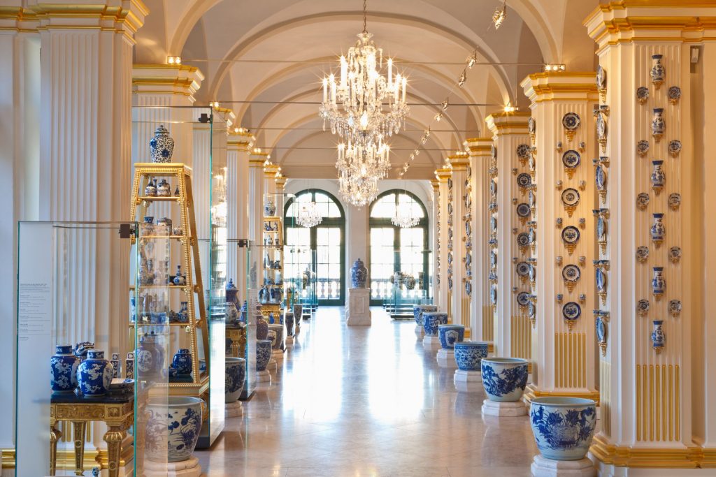 Zwinger palace blauweiss kabinett showing blue and white Asian porcelain form the collection of Augustus II "The Strong," elector of Saxony and king of Poland. 