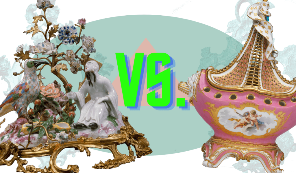 Meissen Porcelain vs Sevres porcelain. A Meissen figurine of a Chinese man and a large bird is compared to the famous Sevres porcelain potpourri boat. 
