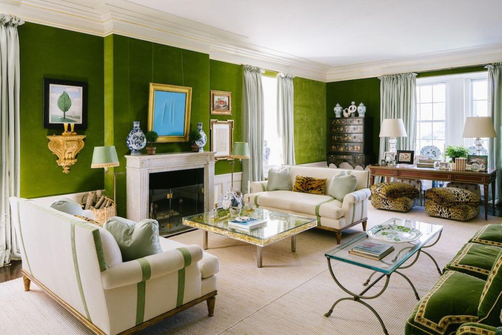 The green sitting room of Tory Burch as it was more recently decorated. 