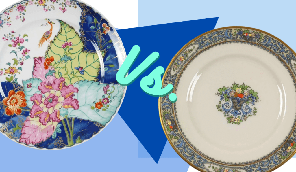 A comparison of the Mottahedeh "Tobacco Leaf" pattern plate versus a Lenox porcelain plate in the "Autumn" pattern. 