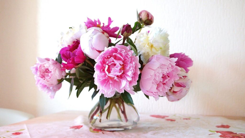 Peony bouquet in glass vase - Seattle Interiors
