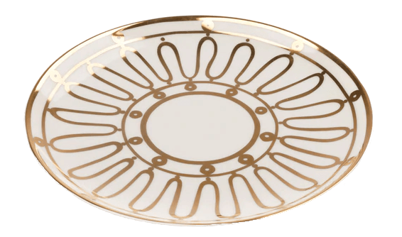 Greek white porcelain plate with gold decoration in a wave pattern. 