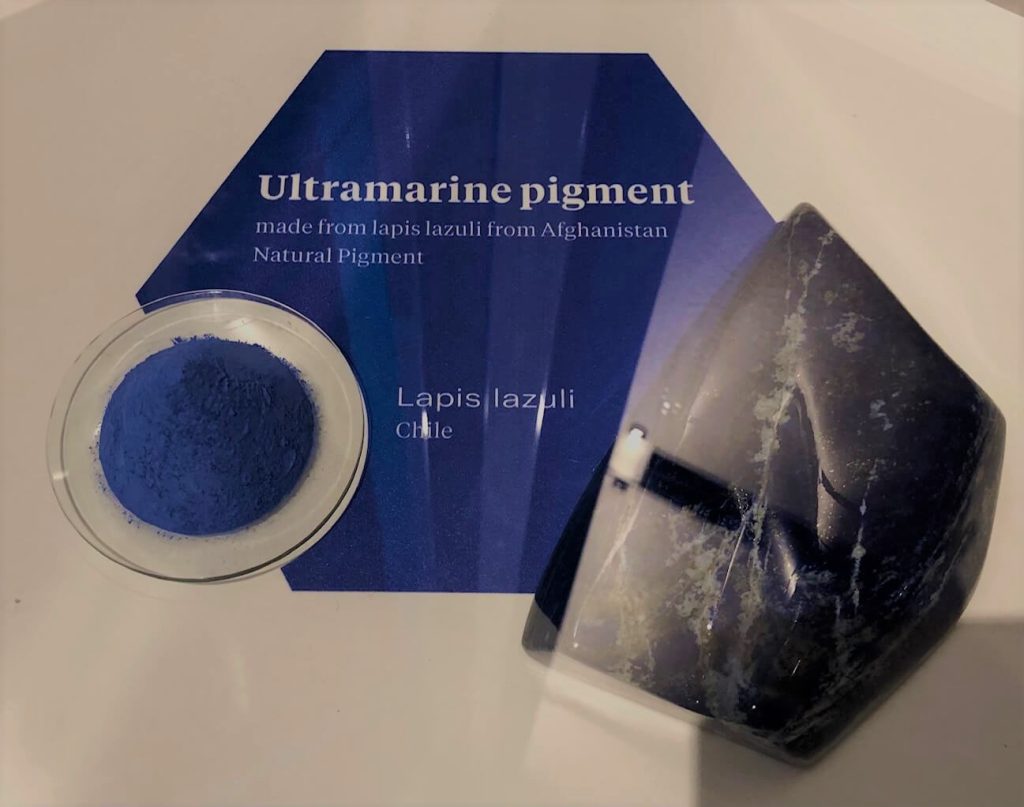 Ultramarine blue pigment for paints is made from lapis lazuli. 