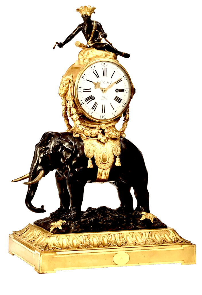 A gilded bronze mantle clock with an elephant originally owned by Coco Chanel.