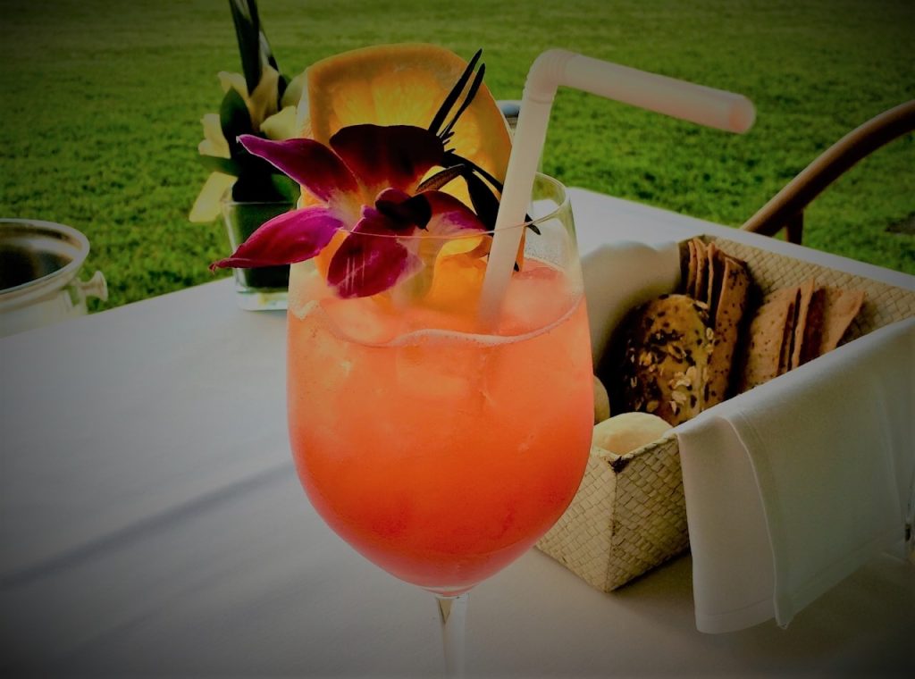 A cool tropical drink at an upscale Hawaiian resort.