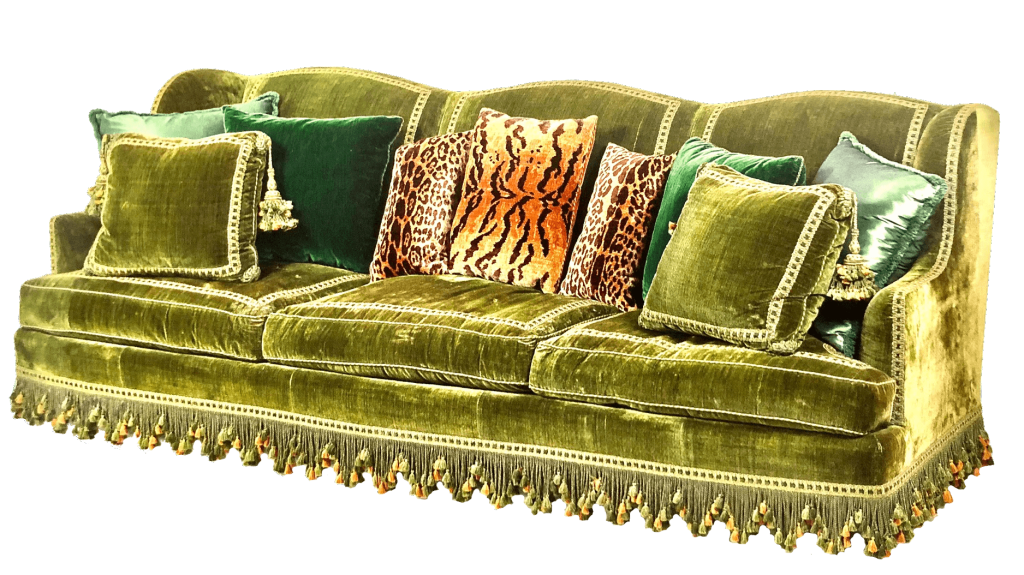 Givenchy green sofa with tassel skirt trim. 