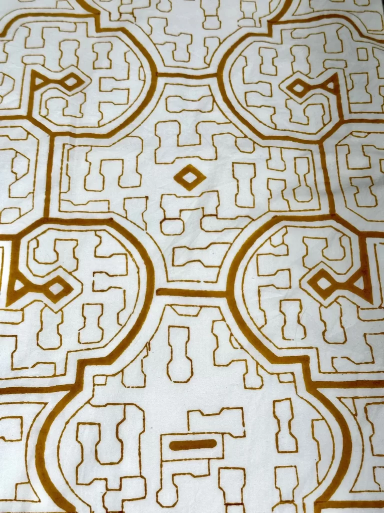 Detail of a cotton duvet cover featuring an Indian block print. 
