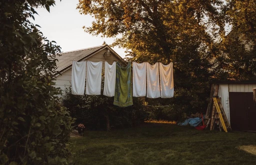 Cotton bed sheets hanging on clothes line Seattle.