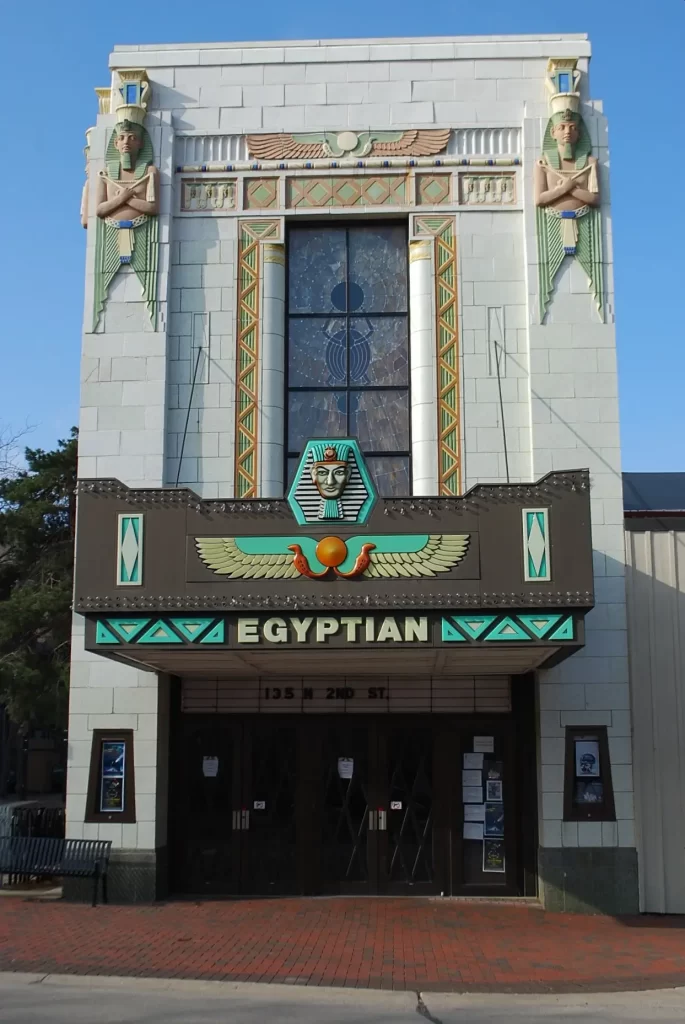 The Egyptian Theater in Dekalb, Illinois is a fine example of the Art Deco Egyptian Revival. 