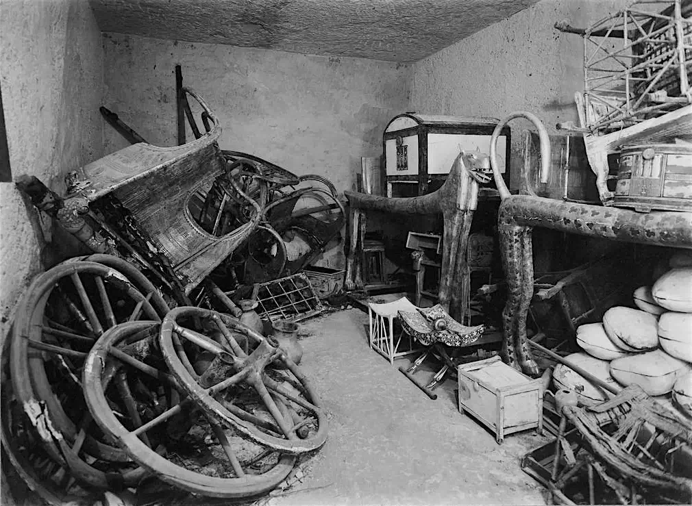 A collection of furnishings in the tomb of King Tutenkhamen.
