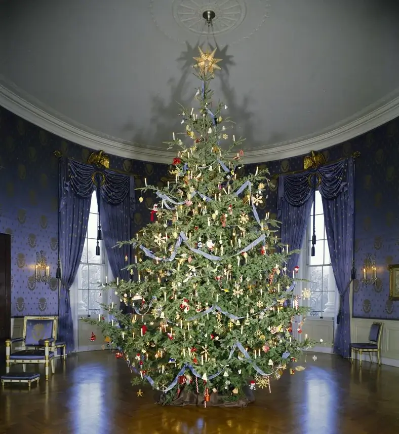 The 1961 White House Christmas Tree stands in the Blue Room prior to the renovations undertaken by Jackie Kennedy. 