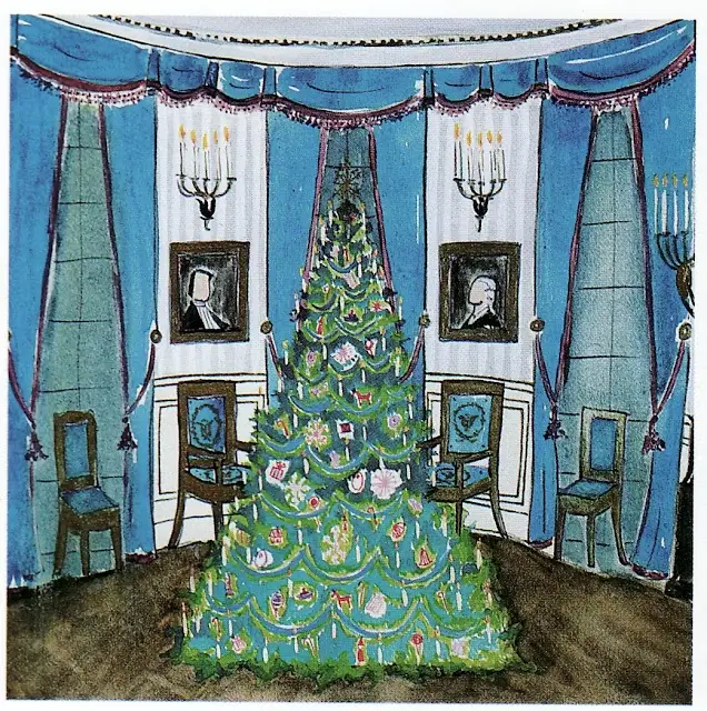 An illustration of a Christmas Tree in the White House Blue Room.