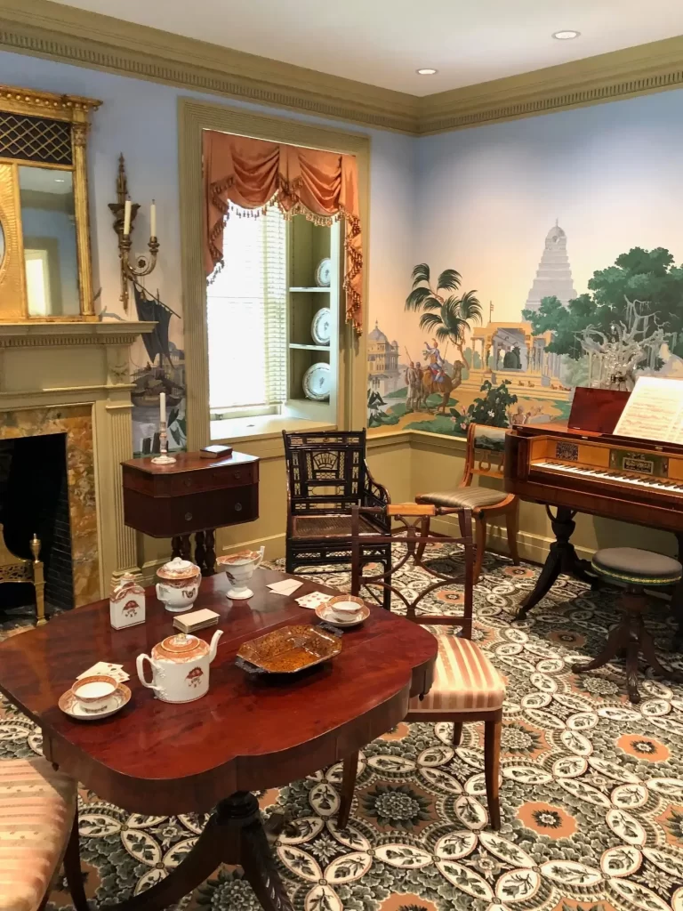 Hindustan panoramic wallpaper by Zuber hanging in the music room at the Bayou Bend mansion museum in Houston, Texas.
