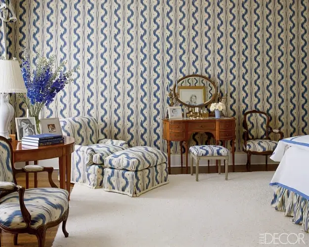 Estee Lauder had this room covered in Toile De Nantes ikat from Pierre Frey.