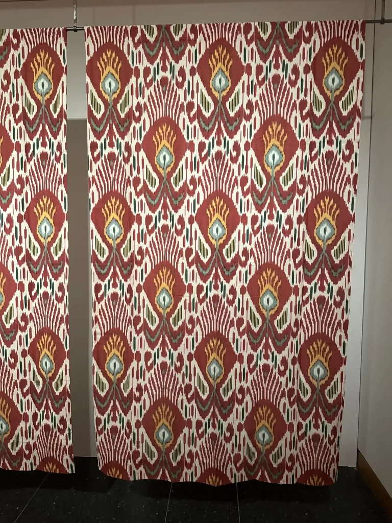 Ikat printed curtain panels.