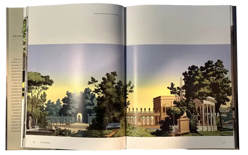 Zuber coffee table book open to images showing panoramic wallpaper.
