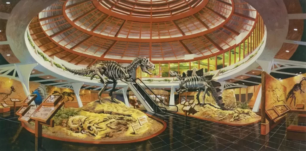 Early Jurassic Park rotunda concept by David Negron featuring an escalator. 