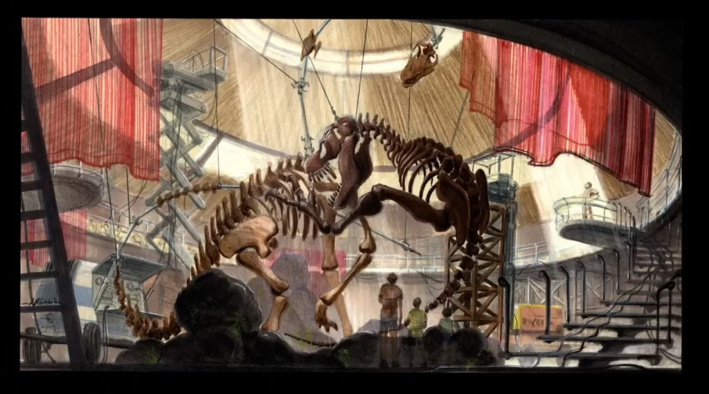 John Bell concept of the skeletons in the Jurassic Park Visitor Center rotunda. 