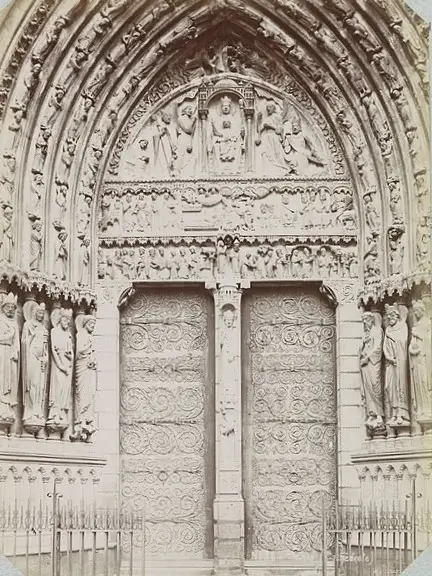 Relief carvings surround the doors to Notre Dame Cathedral in Paris. 