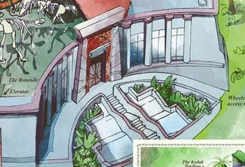 An illustration by Kiko Sanchez showing the concave shape of the Jurassic Park Visitor Center facade. 