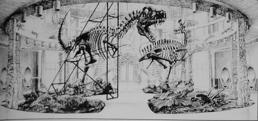Early Jurassic Park rotunda skeletons concept.