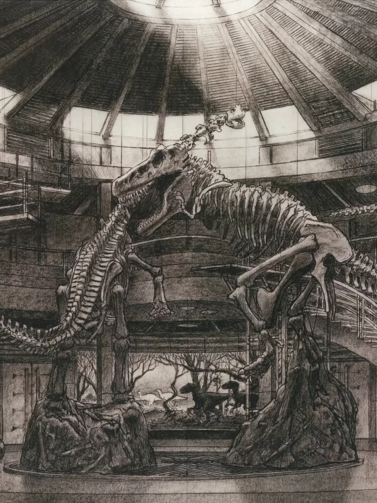 Tom Cranham's concept drawing for the skeleton's in the Jurassic Park Visitor Center.