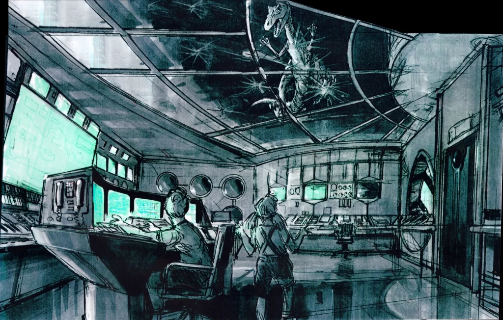 An early design for the control room (artist unknown). Image from Jurassic Time on Facebook.