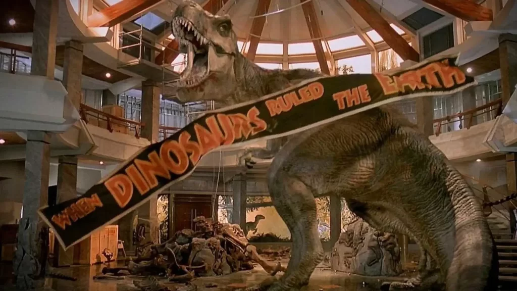Jurassic Park's Tyrannosaurus rex roars in a final triumphant scene.