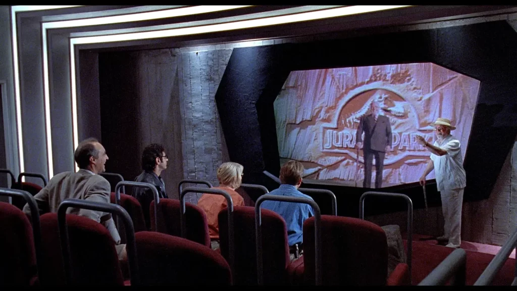The screening room of the Jurassic Park Theater ride. 
