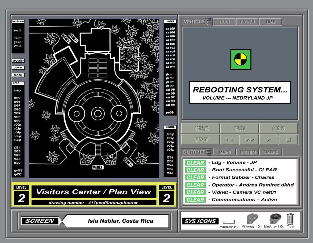 Computer screen showing the Jurassic Park Visitor Center in simplified plan view. 