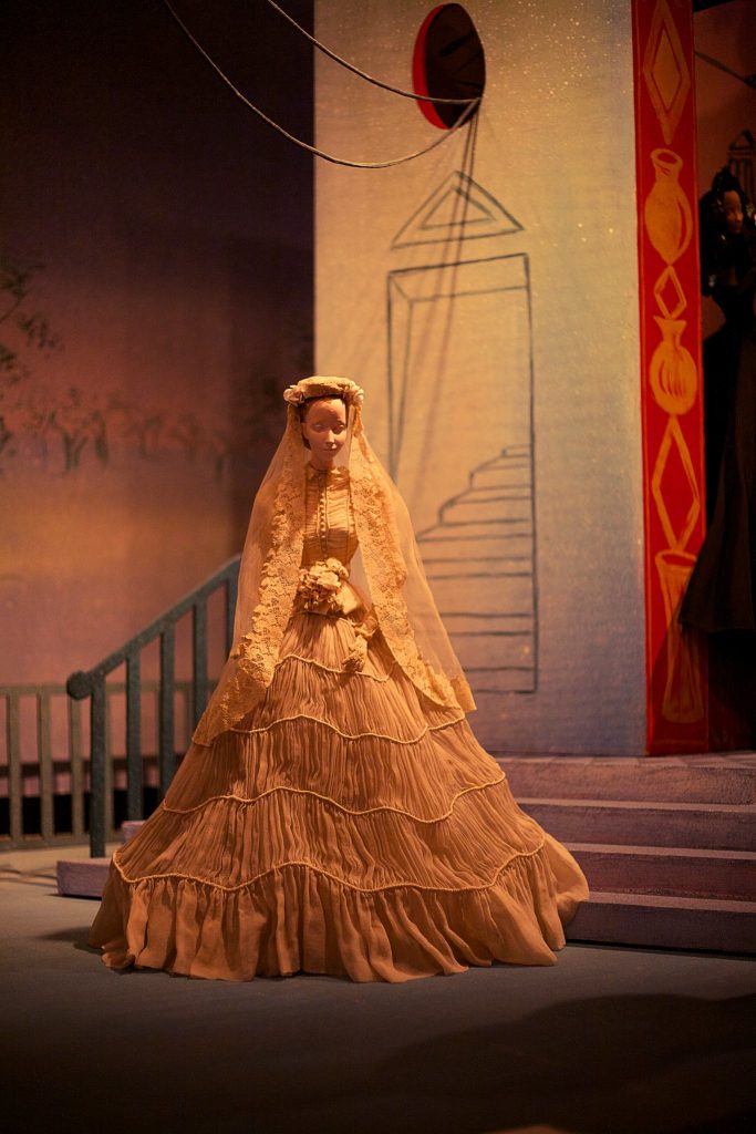 Theatre de la Mode fashion doll in 1940s wedding dress. Maryhill Museum of Art.