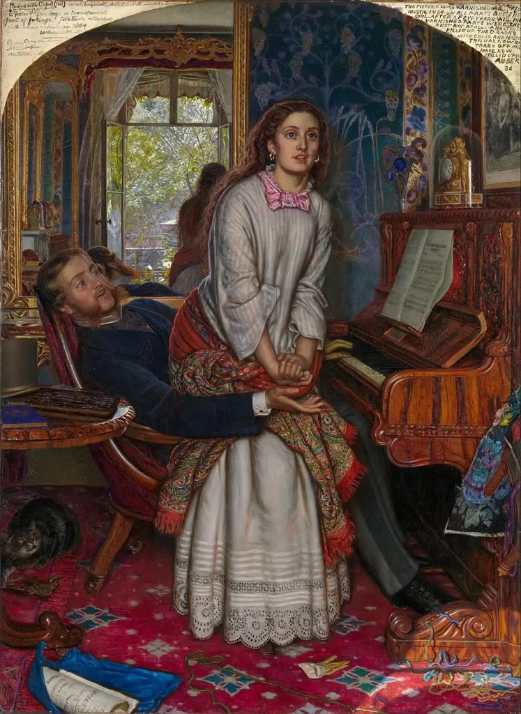 "The Awakening Conscience" by William Holman Hunt, 1853. Victorian painting featuring lovers at the piano.