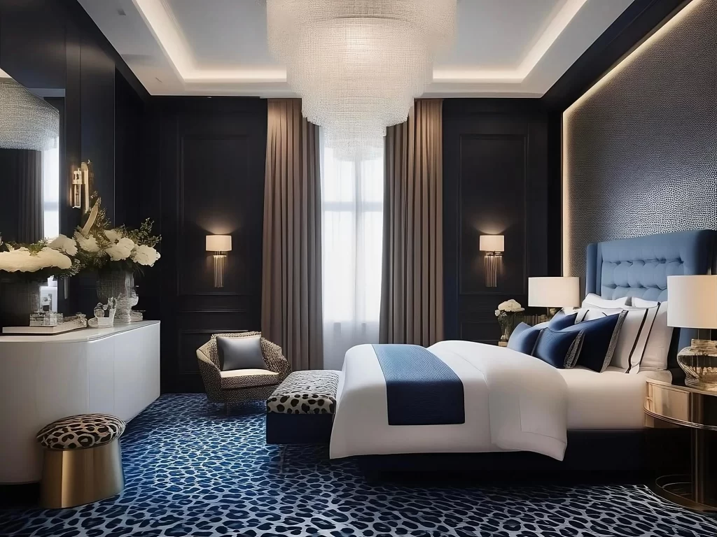 Blue leopard print carpet bedroom.
