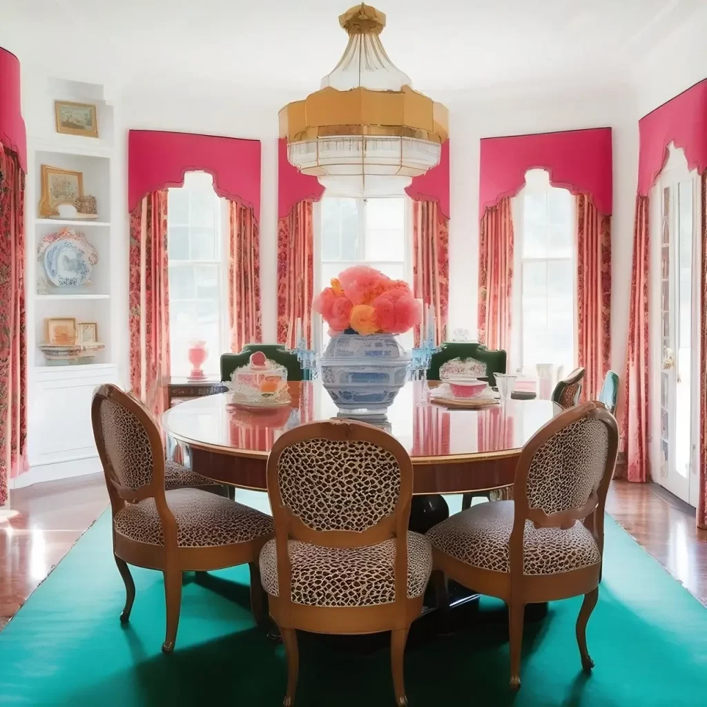 A youthful dining area done in pinks and greens with leopard print chairs.