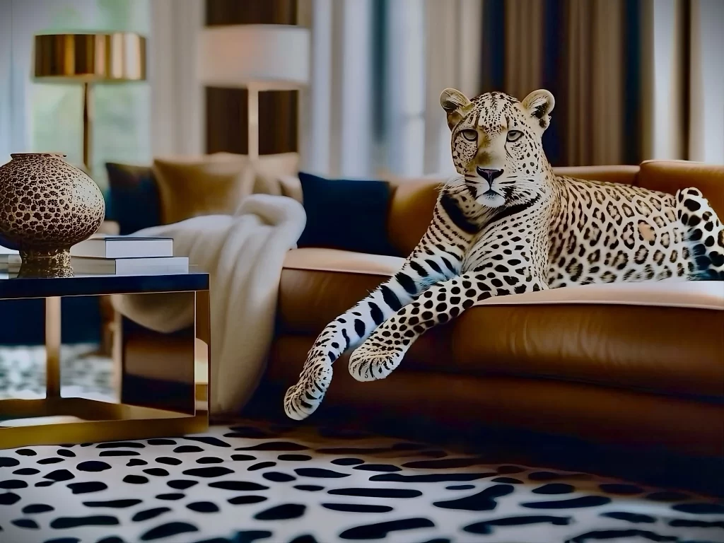 A leopard lounging on a cognac sofa in a living room. Leopard print Interior Design. 