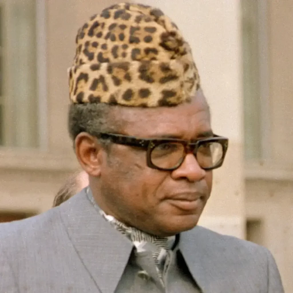 Mobutu Sese Seko wearing a leopard skin toque.