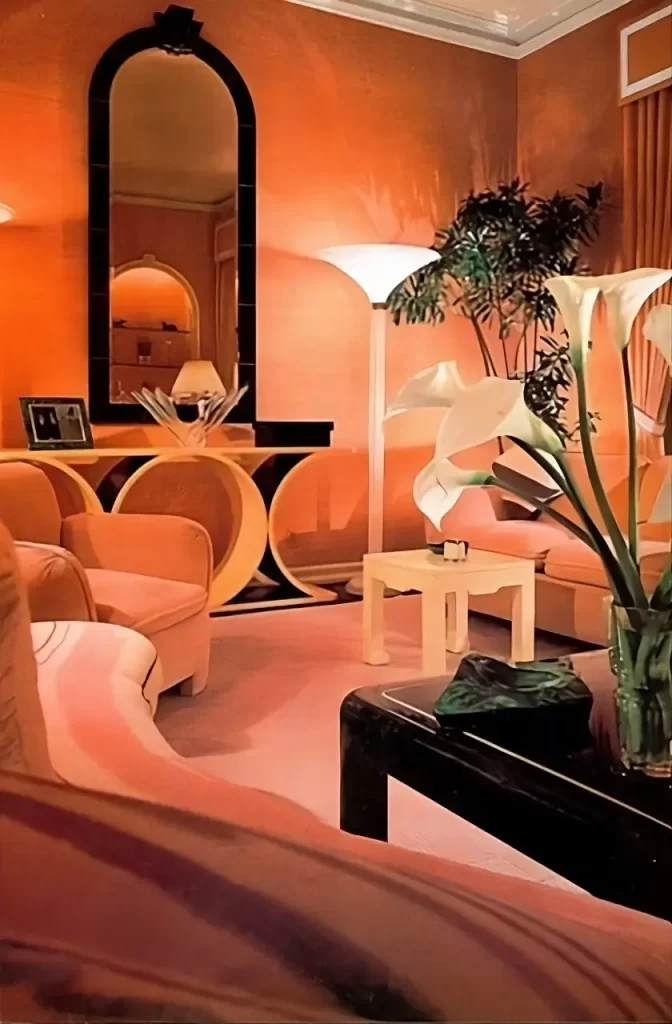 1980s Art Deco Revival interior design peach